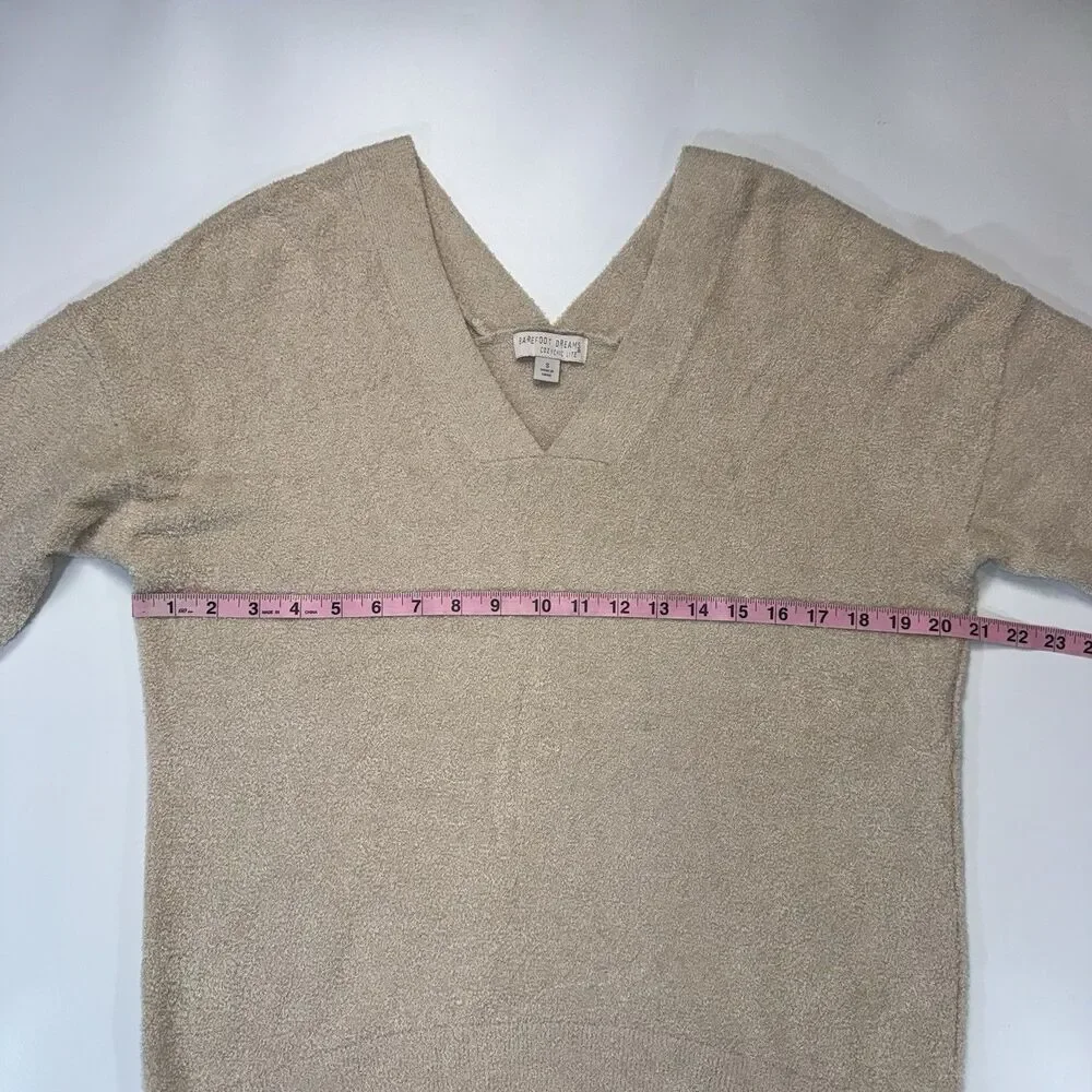 Barefoot Dreams CozyChic Lite V-Neck Seamed Pullover Beige Women Small